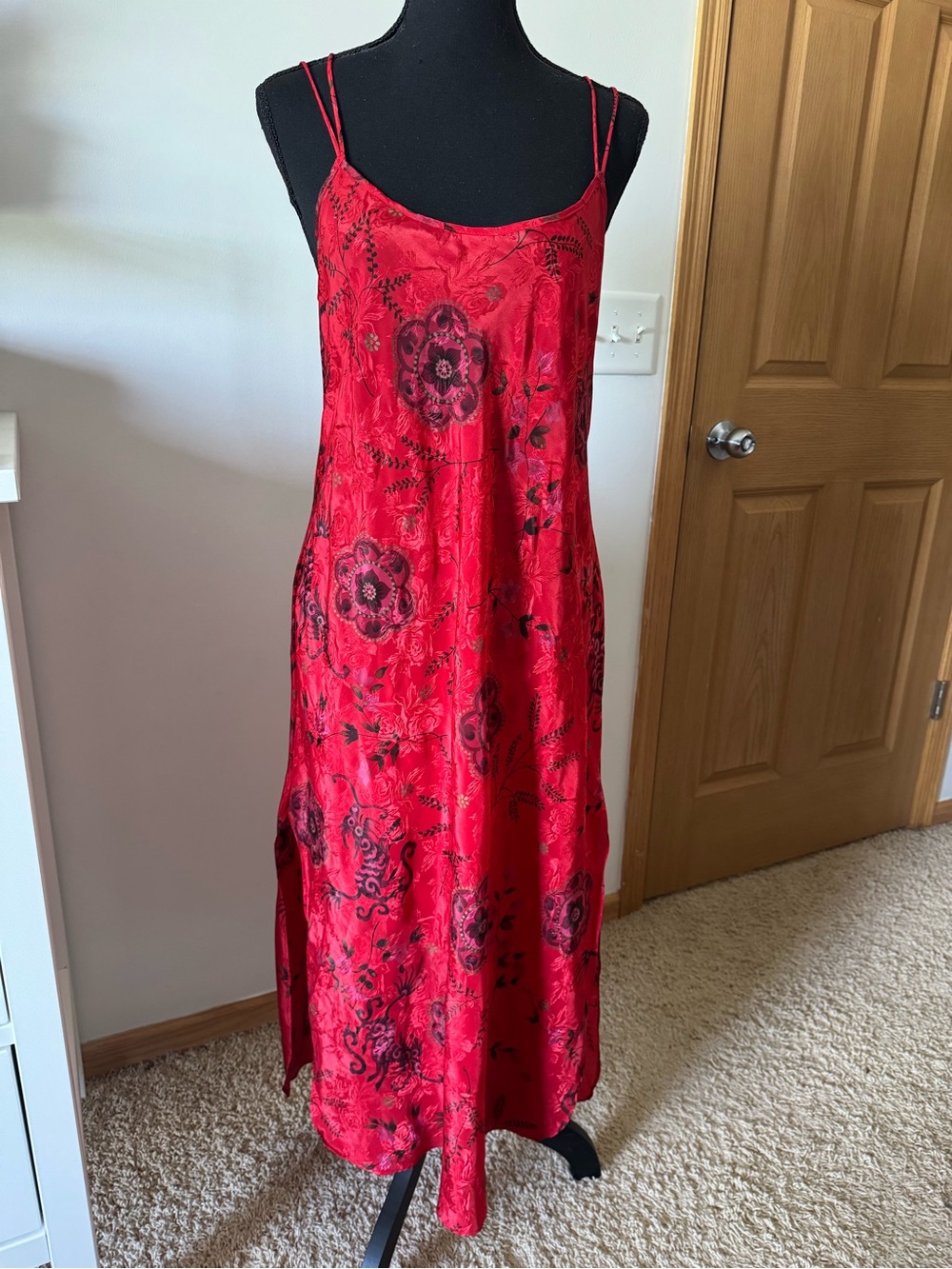 Red Floral Satin Maxi Slip Dress with Spaghetti Straps